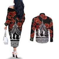 new-zealand-anzac-day-couples-matching-off-the-shoulder-long-sleeve-dress-and-long-sleeve-button-shirt-poppy-with-polynesian-pattern