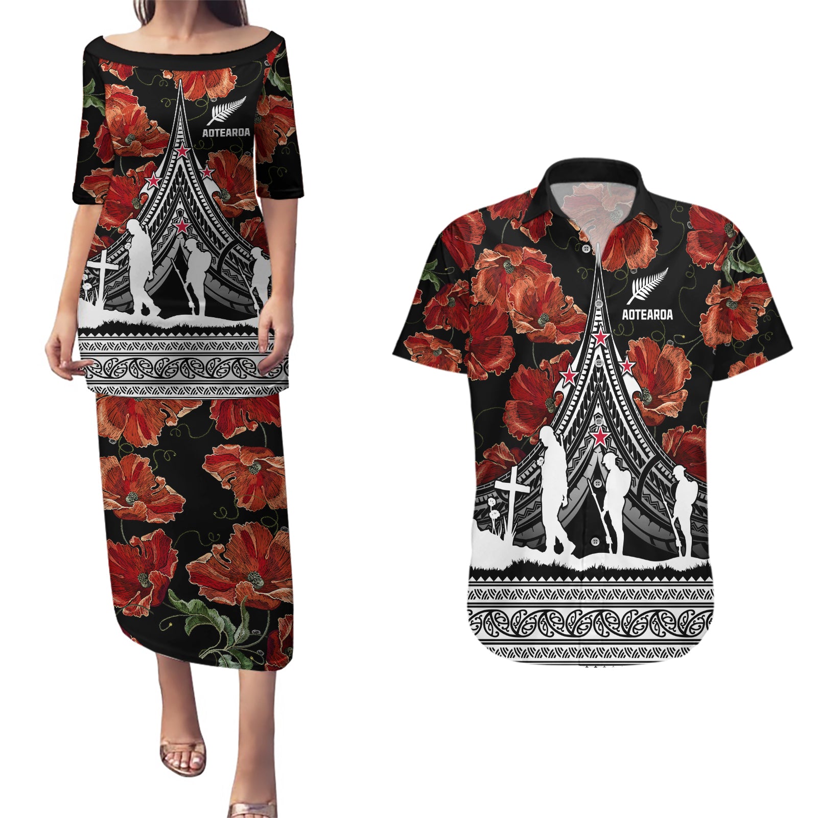 New Zealand ANZAC Day Couples Matching Puletasi Dress and Hawaiian Shirt Poppy With Polynesian Pattern - Wonder Print Shop