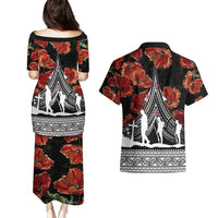 New Zealand ANZAC Day Couples Matching Puletasi Dress and Hawaiian Shirt Poppy With Polynesian Pattern - Wonder Print Shop