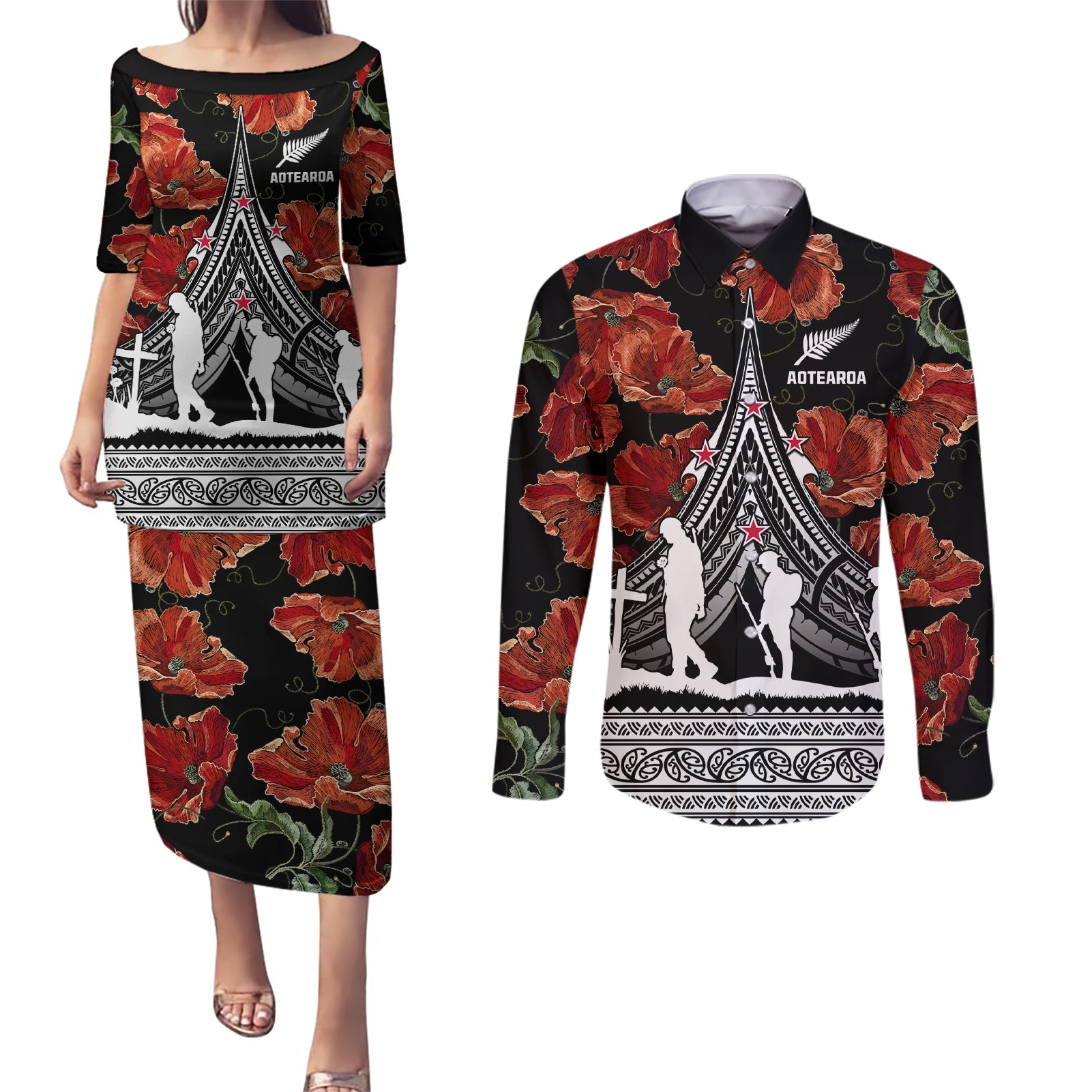 New Zealand ANZAC Day Couples Matching Puletasi Dress and Long Sleeve Button Shirt Poppy With Polynesian Pattern - Wonder Print Shop