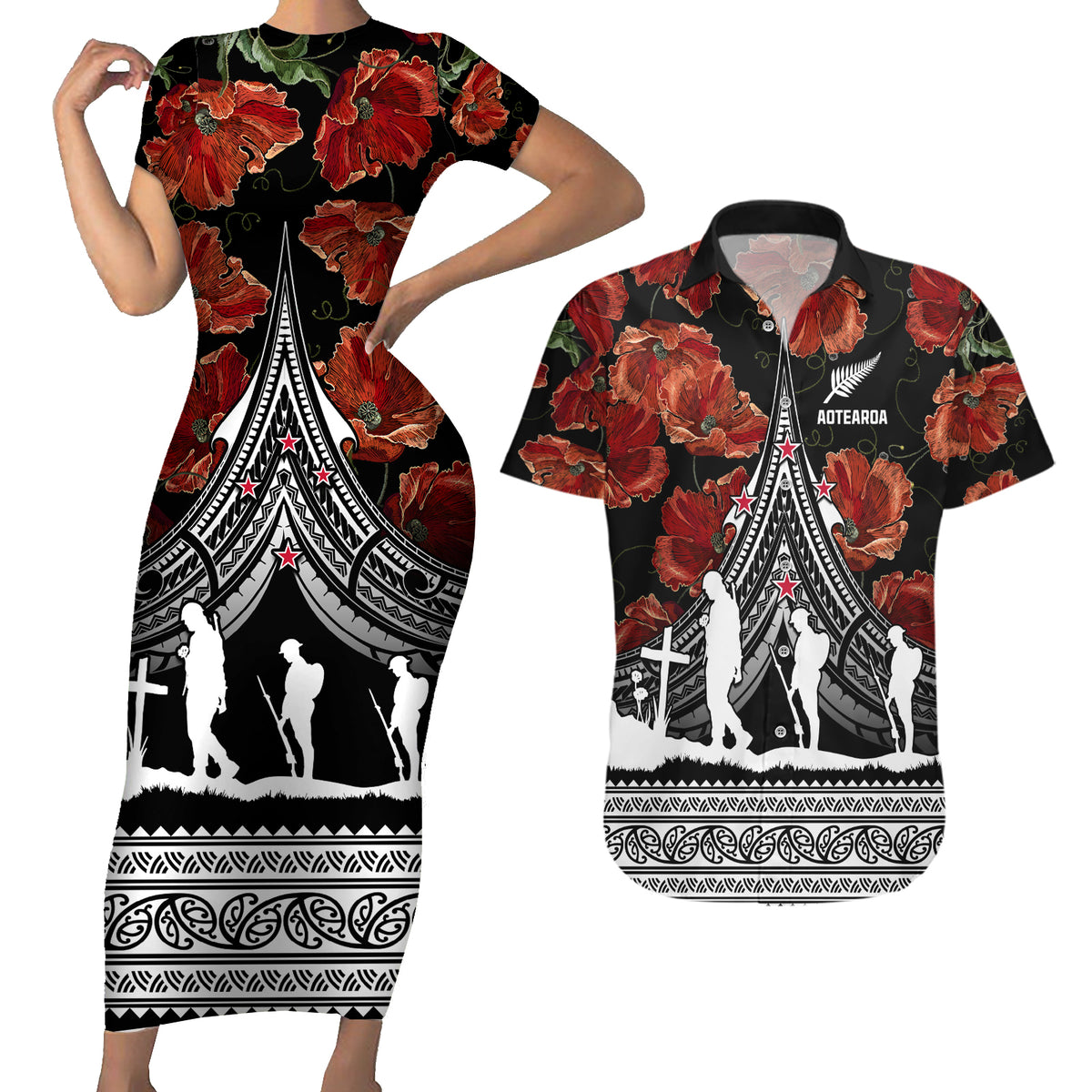 New Zealand ANZAC Day Couples Matching Short Sleeve Bodycon Dress and Hawaiian Shirt Poppy With Polynesian Pattern - Wonder Print Shop