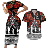 New Zealand ANZAC Day Couples Matching Short Sleeve Bodycon Dress and Hawaiian Shirt Poppy With Polynesian Pattern - Wonder Print Shop