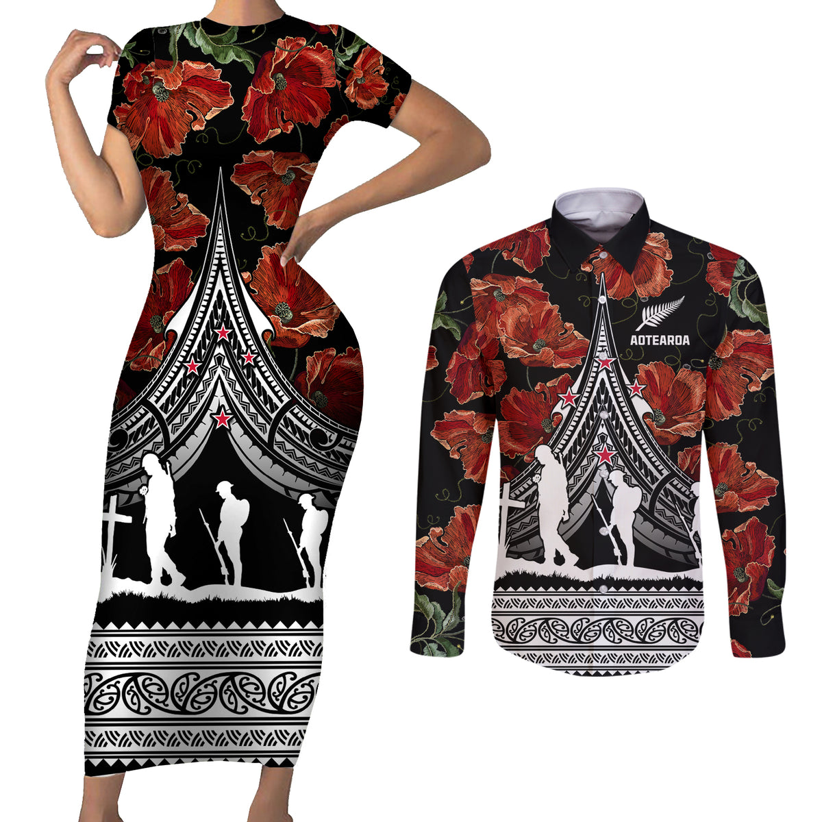 New Zealand ANZAC Day Couples Matching Short Sleeve Bodycon Dress and Long Sleeve Button Shirt Poppy With Polynesian Pattern - Wonder Print Shop