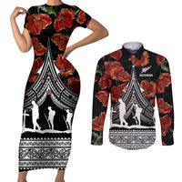 New Zealand ANZAC Day Couples Matching Short Sleeve Bodycon Dress and Long Sleeve Button Shirt Poppy With Polynesian Pattern - Wonder Print Shop