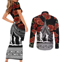 New Zealand ANZAC Day Couples Matching Short Sleeve Bodycon Dress and Long Sleeve Button Shirt Poppy With Polynesian Pattern - Wonder Print Shop