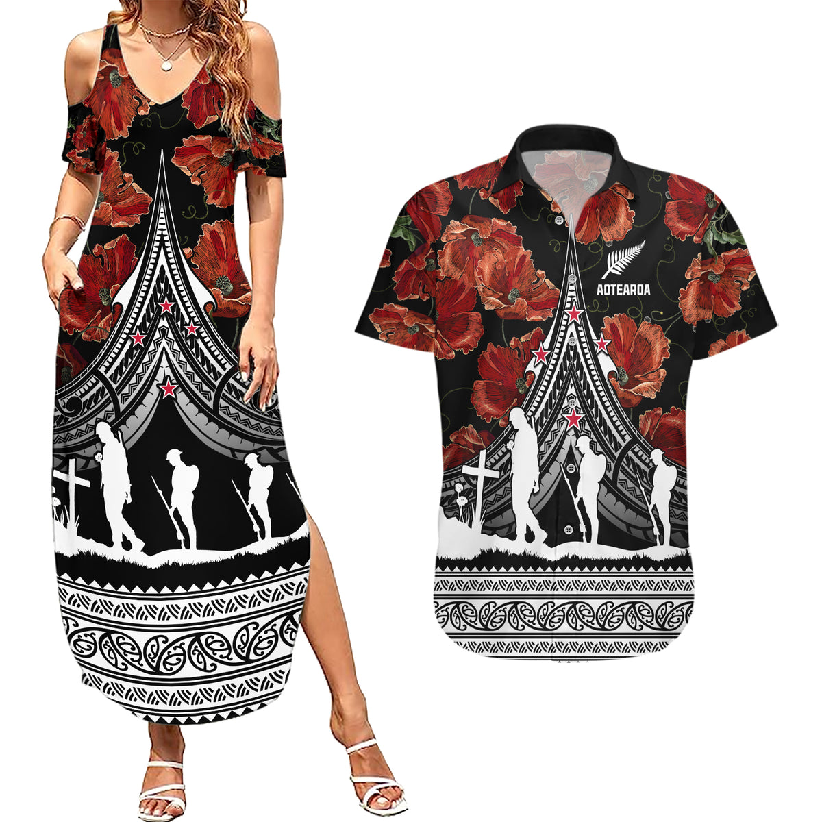 New Zealand ANZAC Day Couples Matching Summer Maxi Dress and Hawaiian Shirt Poppy With Polynesian Pattern - Wonder Print Shop