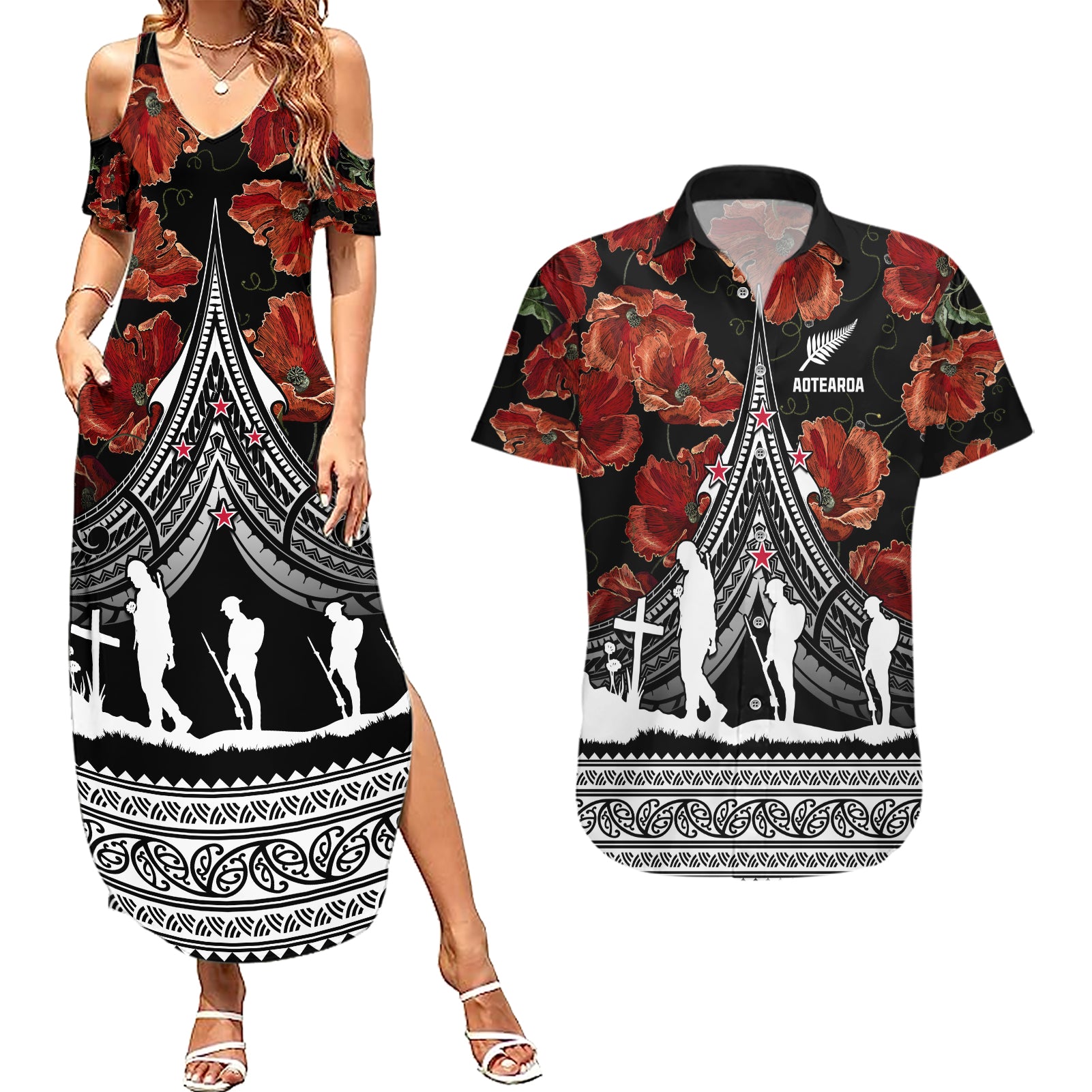 New Zealand ANZAC Day Couples Matching Summer Maxi Dress and Hawaiian Shirt Poppy With Polynesian Pattern - Wonder Print Shop