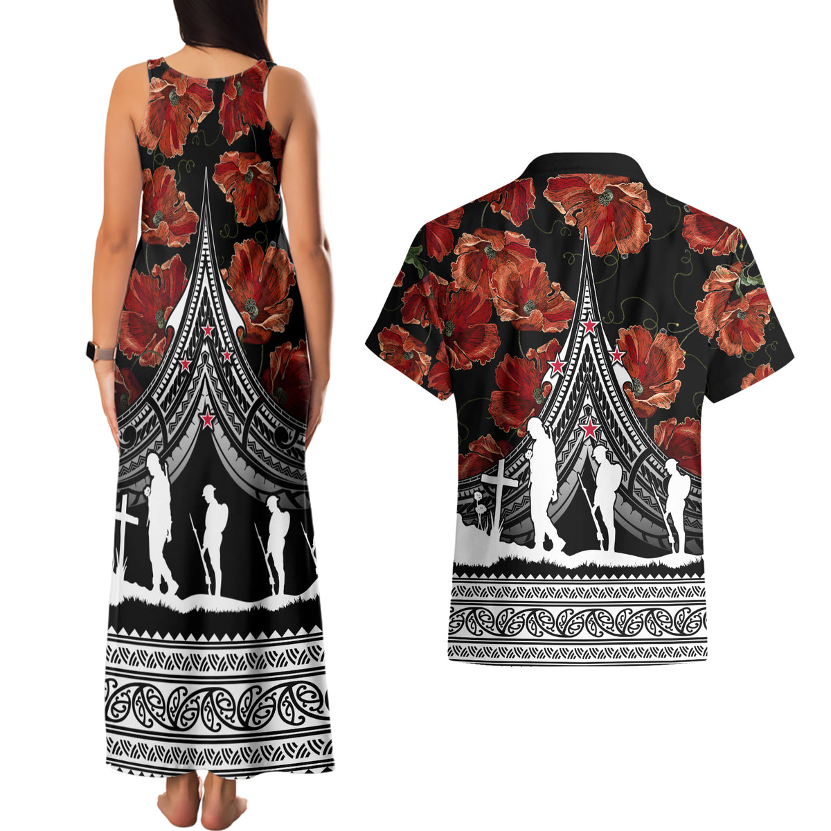 New Zealand ANZAC Day Couples Matching Tank Maxi Dress and Hawaiian Shirt Poppy With Polynesian Pattern - Wonder Print Shop