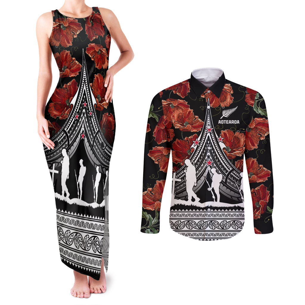 New Zealand ANZAC Day Couples Matching Tank Maxi Dress and Long Sleeve Button Shirt Poppy With Polynesian Pattern - Wonder Print Shop