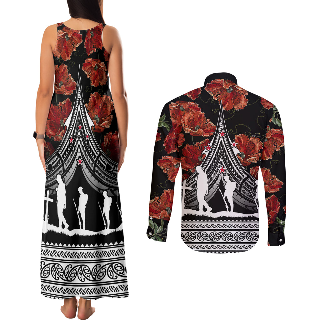 New Zealand ANZAC Day Couples Matching Tank Maxi Dress and Long Sleeve Button Shirt Poppy With Polynesian Pattern - Wonder Print Shop