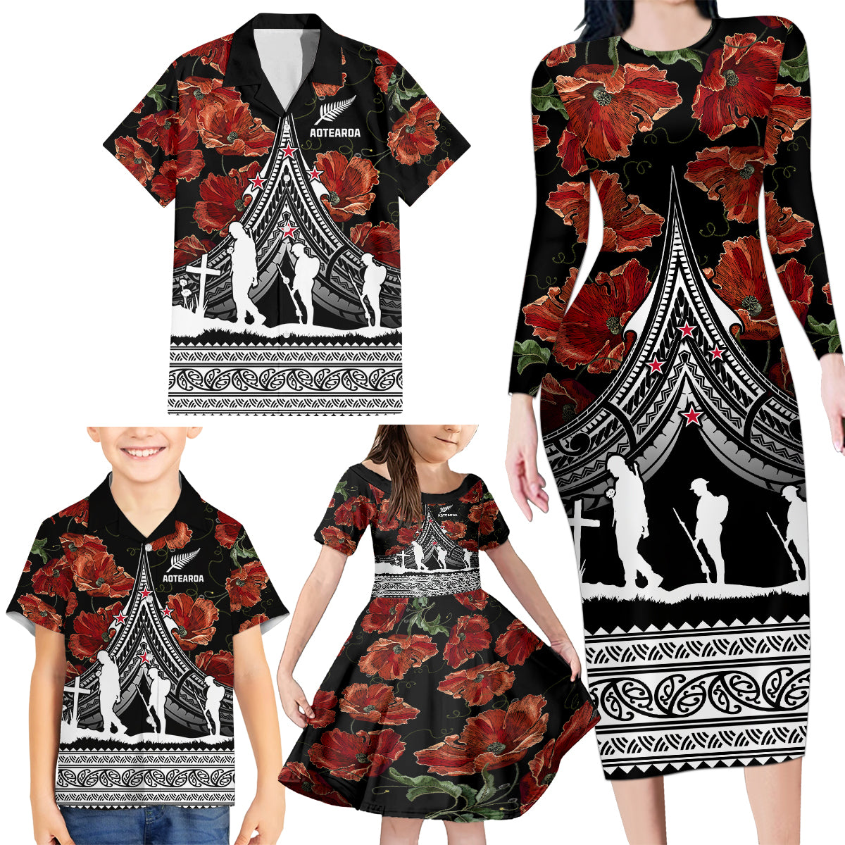 New Zealand ANZAC Day Family Matching Long Sleeve Bodycon Dress and Hawaiian Shirt Poppy With Polynesian Pattern - Wonder Print Shop
