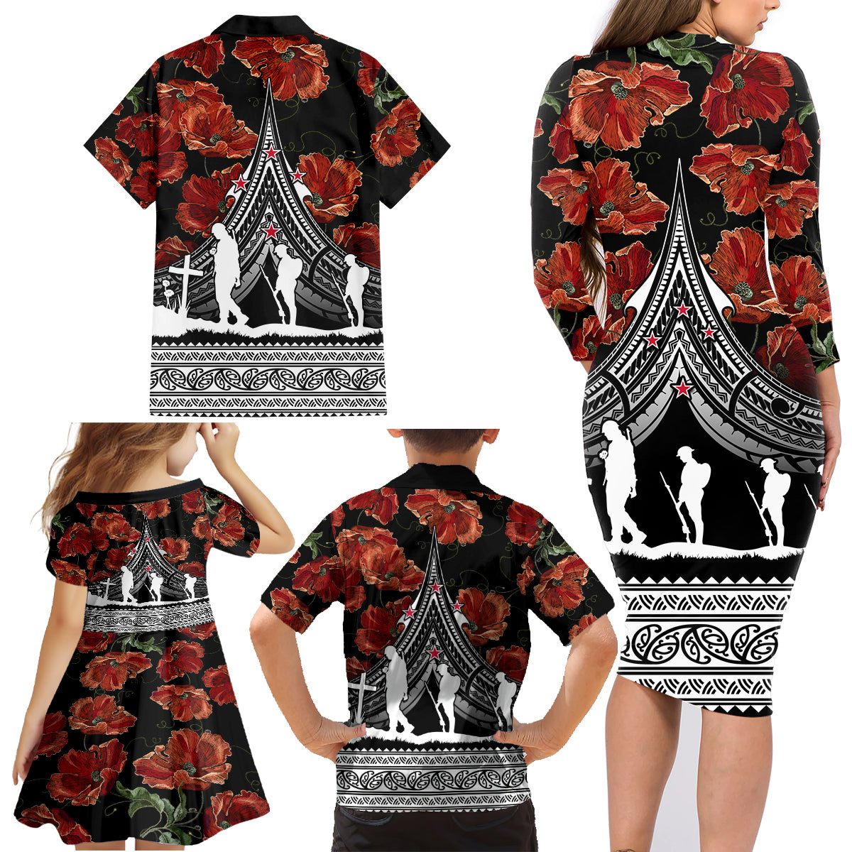 New Zealand ANZAC Day Family Matching Long Sleeve Bodycon Dress and Hawaiian Shirt Poppy With Polynesian Pattern - Wonder Print Shop