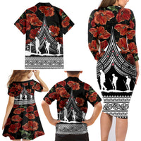 New Zealand ANZAC Day Family Matching Long Sleeve Bodycon Dress and Hawaiian Shirt Poppy With Polynesian Pattern - Wonder Print Shop