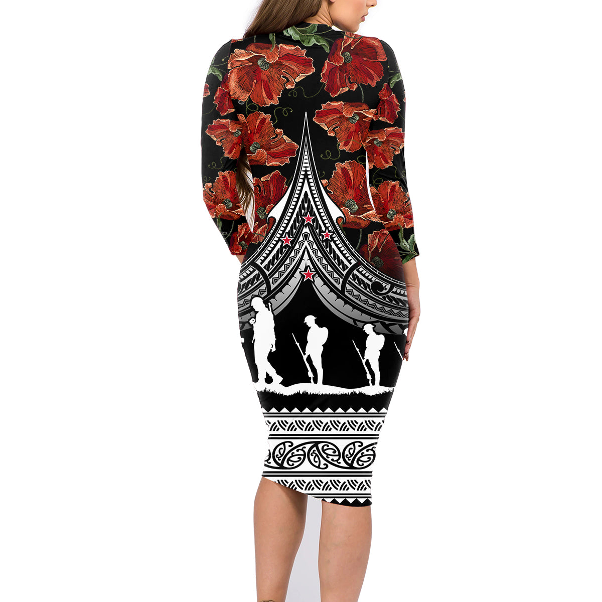 New Zealand ANZAC Day Family Matching Long Sleeve Bodycon Dress and Hawaiian Shirt Poppy With Polynesian Pattern - Wonder Print Shop