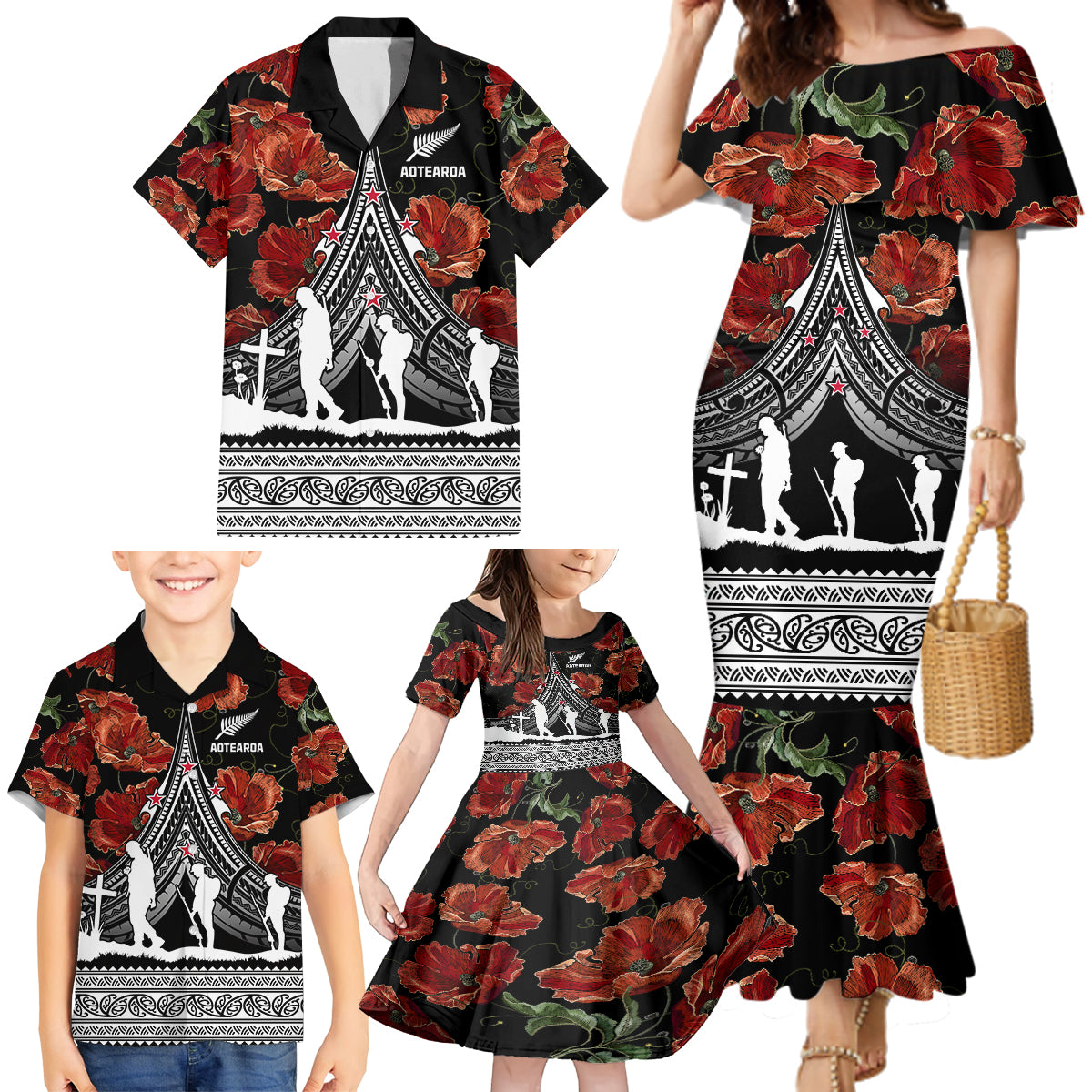 New Zealand ANZAC Day Family Matching Mermaid Dress and Hawaiian Shirt Poppy With Polynesian Pattern - Wonder Print Shop