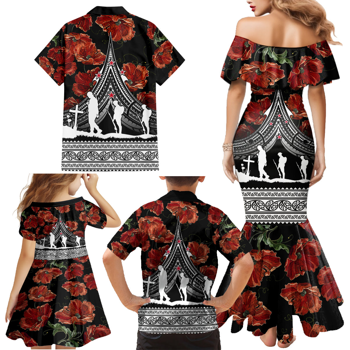 New Zealand ANZAC Day Family Matching Mermaid Dress and Hawaiian Shirt Poppy With Polynesian Pattern - Wonder Print Shop