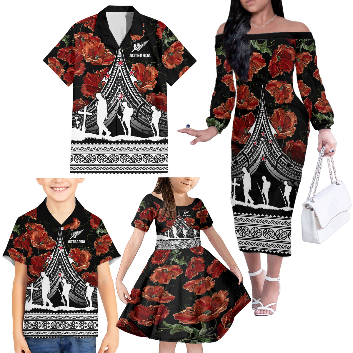 New Zealand ANZAC Day Family Matching Off Shoulder Long Sleeve Dress and Hawaiian Shirt Poppy With Polynesian Pattern - Wonder Print Shop