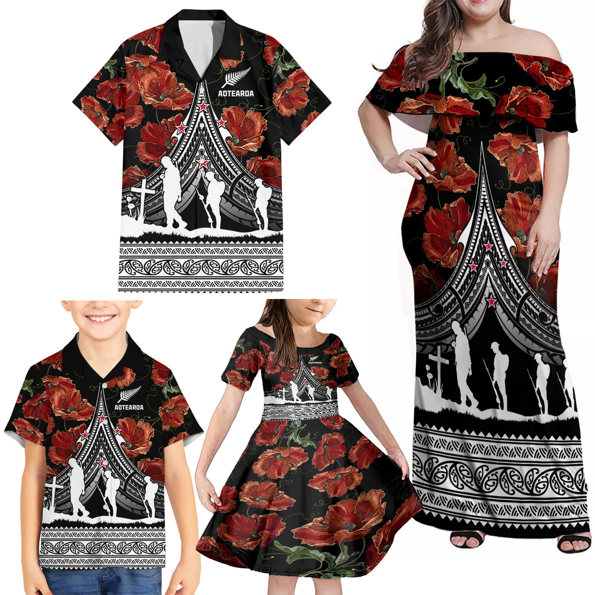 New Zealand ANZAC Day Family Matching Off Shoulder Maxi Dress and Hawaiian Shirt Poppy With Polynesian Pattern - Wonder Print Shop
