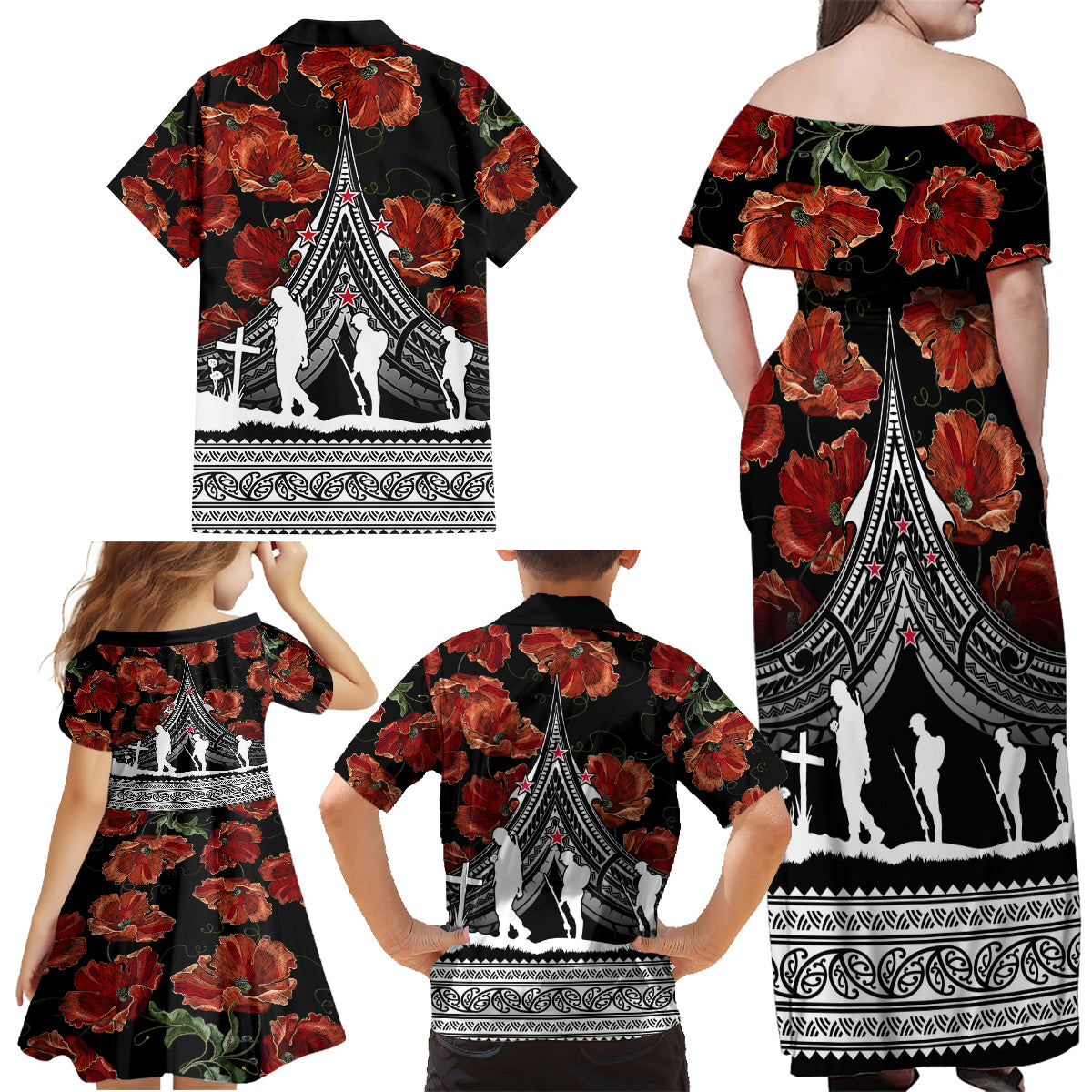 New Zealand ANZAC Day Family Matching Off Shoulder Maxi Dress and Hawaiian Shirt Poppy With Polynesian Pattern - Wonder Print Shop