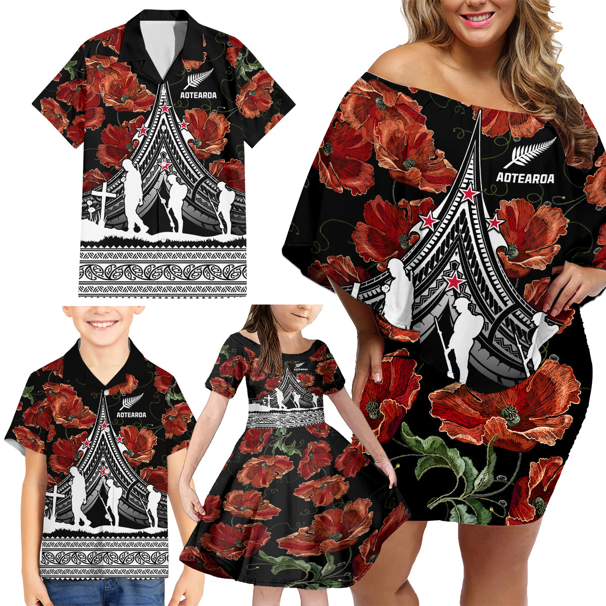New Zealand ANZAC Day Family Matching Off Shoulder Short Dress and Hawaiian Shirt Poppy With Polynesian Pattern - Wonder Print Shop