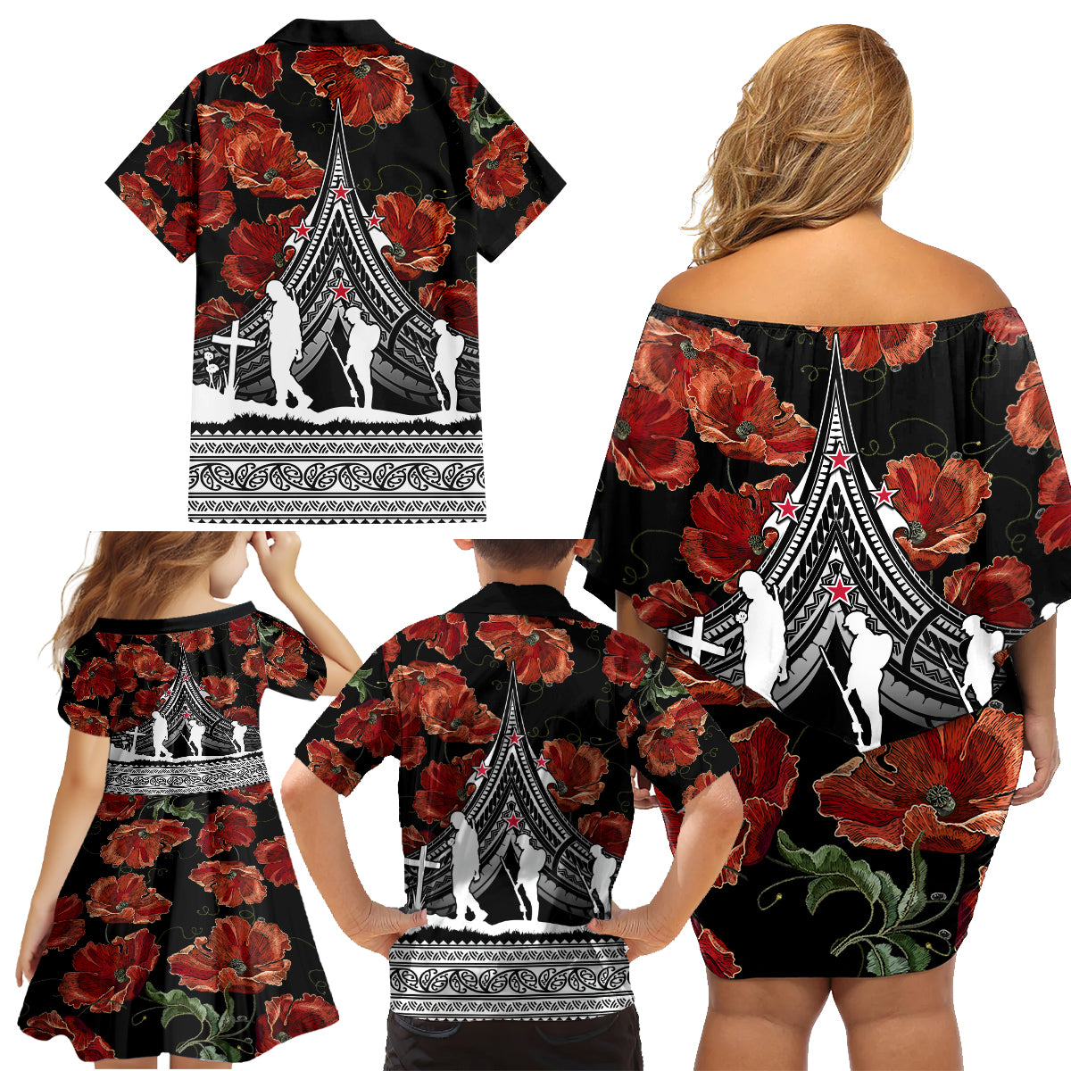 New Zealand ANZAC Day Family Matching Off Shoulder Short Dress and Hawaiian Shirt Poppy With Polynesian Pattern - Wonder Print Shop