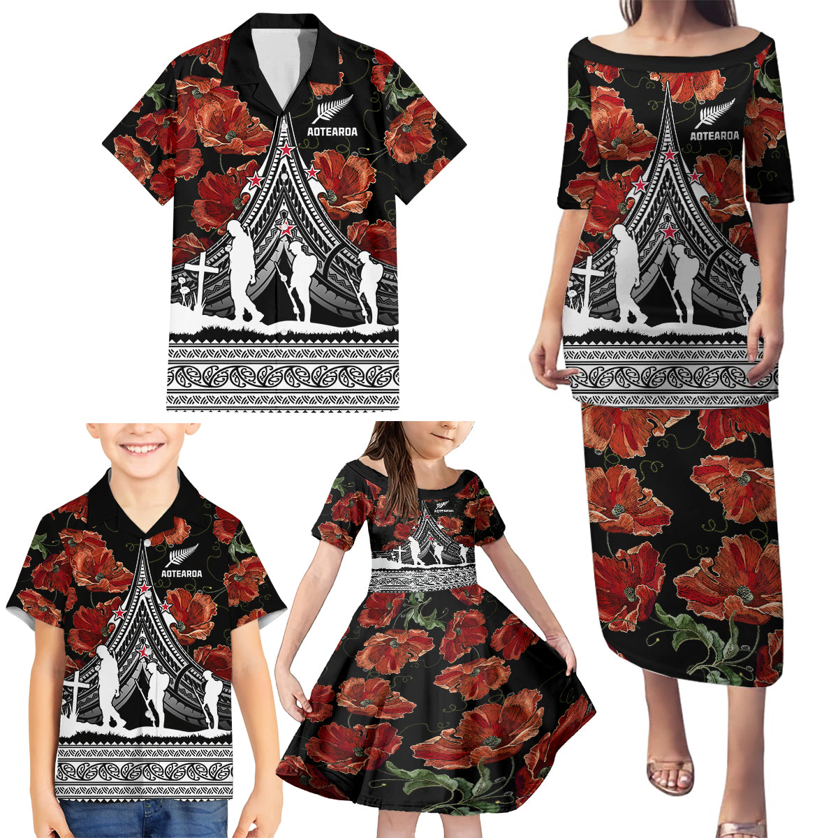 New Zealand ANZAC Day Family Matching Puletasi Dress and Hawaiian Shirt Poppy With Polynesian Pattern - Wonder Print Shop