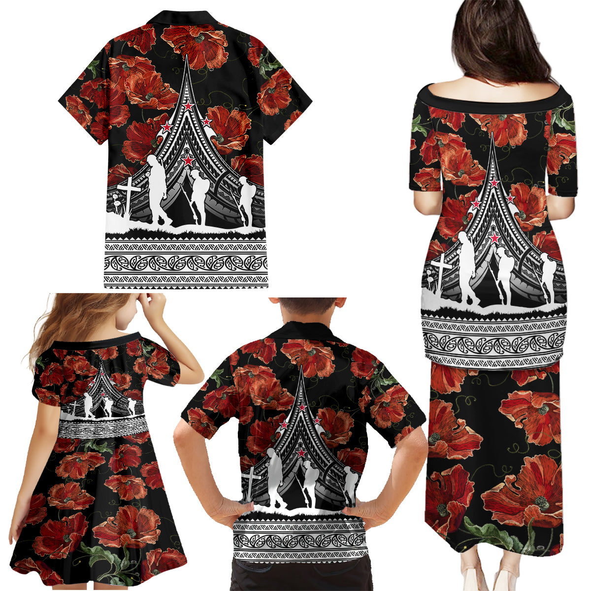 New Zealand ANZAC Day Family Matching Puletasi Dress and Hawaiian Shirt Poppy With Polynesian Pattern - Wonder Print Shop