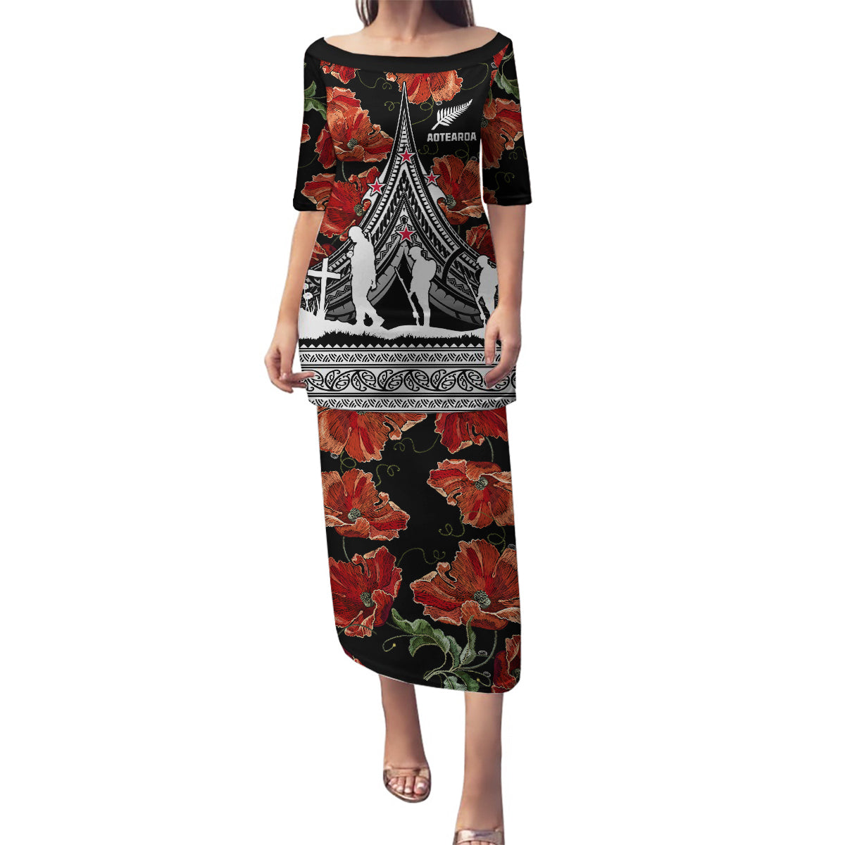 New Zealand ANZAC Day Family Matching Puletasi Dress and Hawaiian Shirt Poppy With Polynesian Pattern - Wonder Print Shop