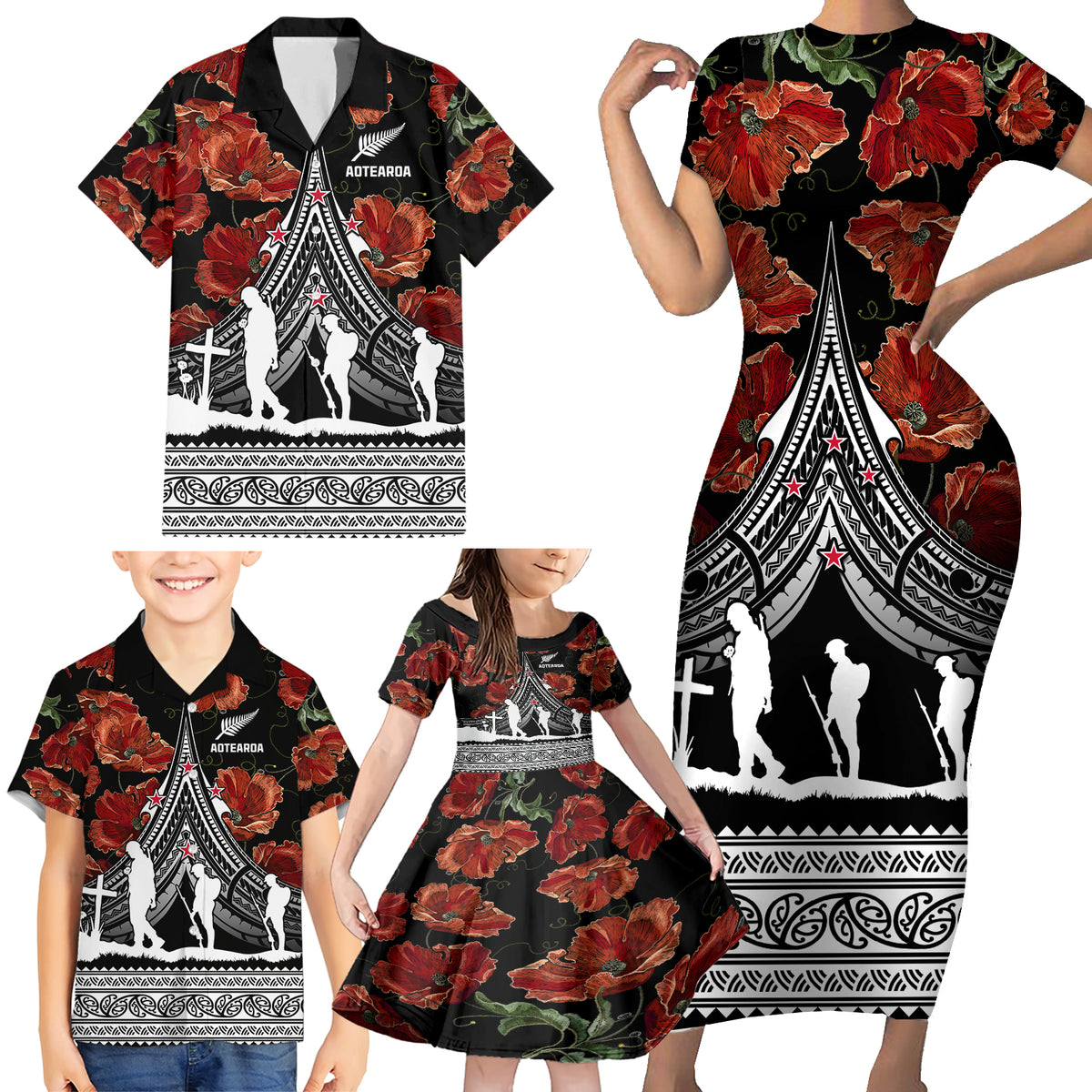 New Zealand ANZAC Day Family Matching Short Sleeve Bodycon Dress and Hawaiian Shirt Poppy With Polynesian Pattern - Wonder Print Shop