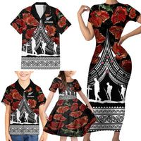 New Zealand ANZAC Day Family Matching Short Sleeve Bodycon Dress and Hawaiian Shirt Poppy With Polynesian Pattern - Wonder Print Shop