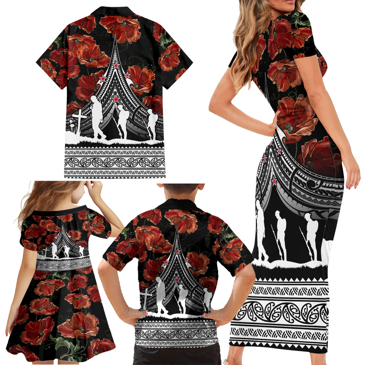 New Zealand ANZAC Day Family Matching Short Sleeve Bodycon Dress and Hawaiian Shirt Poppy With Polynesian Pattern - Wonder Print Shop