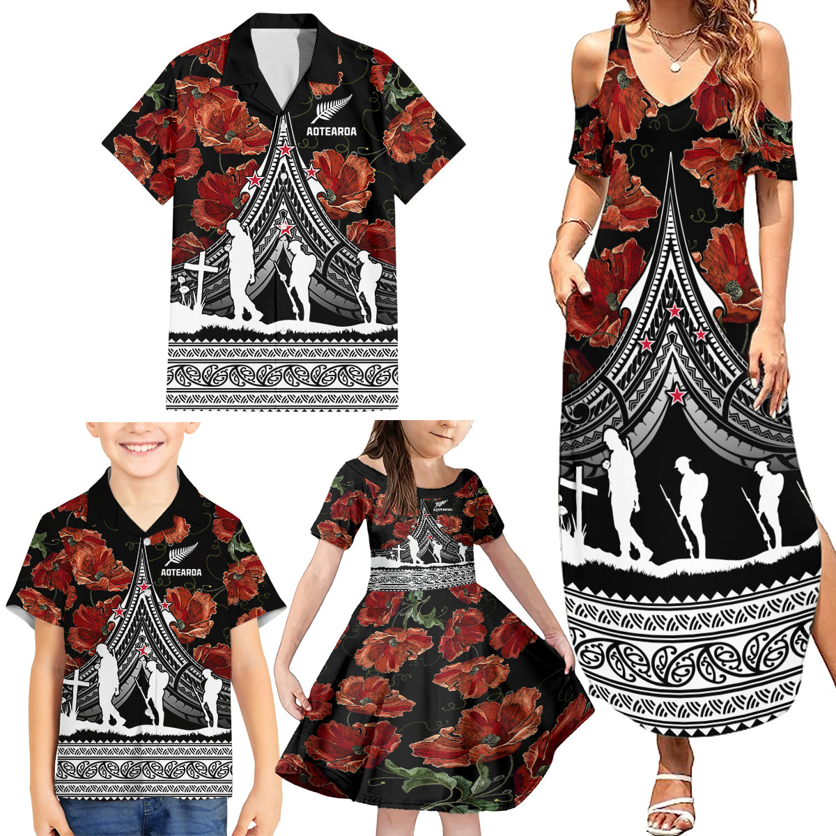 New Zealand ANZAC Day Family Matching Summer Maxi Dress and Hawaiian Shirt Poppy With Polynesian Pattern - Wonder Print Shop