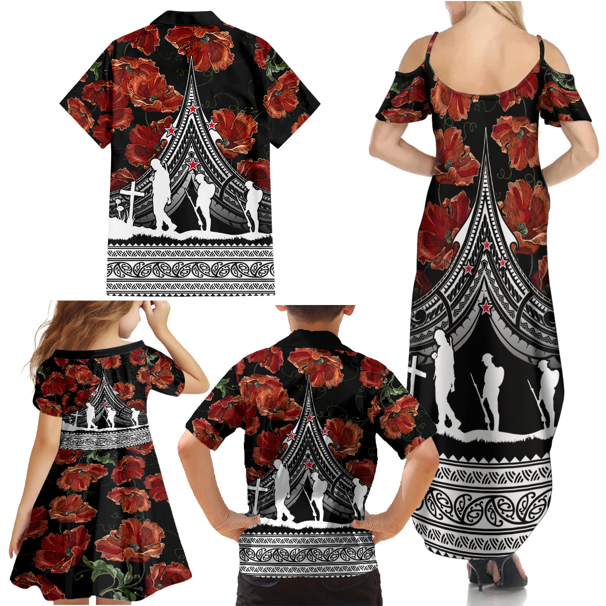 New Zealand ANZAC Day Family Matching Summer Maxi Dress and Hawaiian Shirt Poppy With Polynesian Pattern - Wonder Print Shop