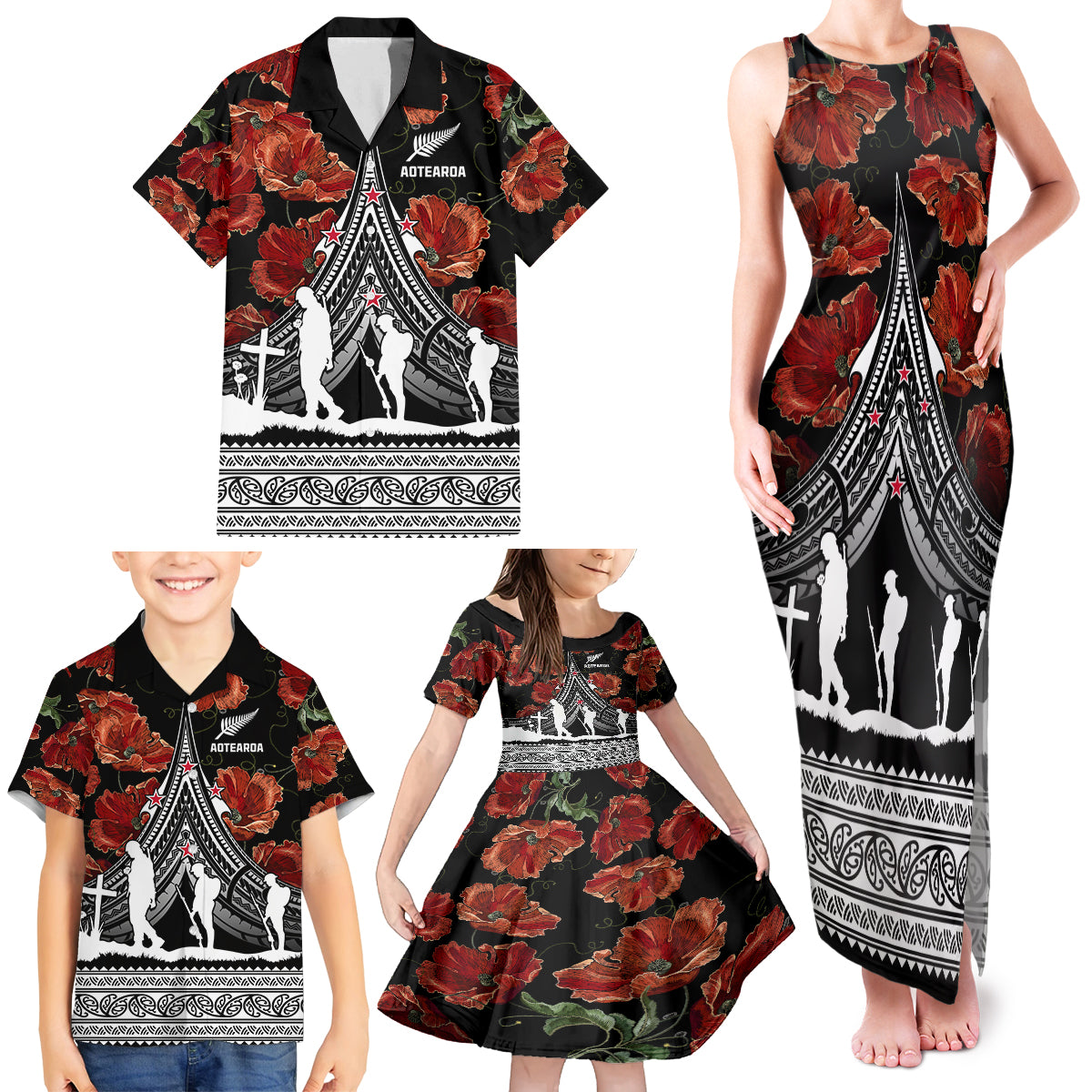 New Zealand ANZAC Day Family Matching Tank Maxi Dress and Hawaiian Shirt Poppy With Polynesian Pattern - Wonder Print Shop