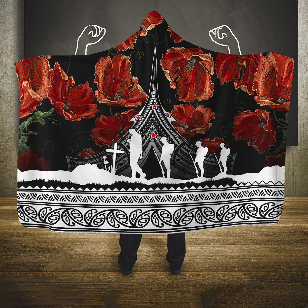 new-zealand-anzac-day-hooded-blanket-poppy-with-polynesian-pattern