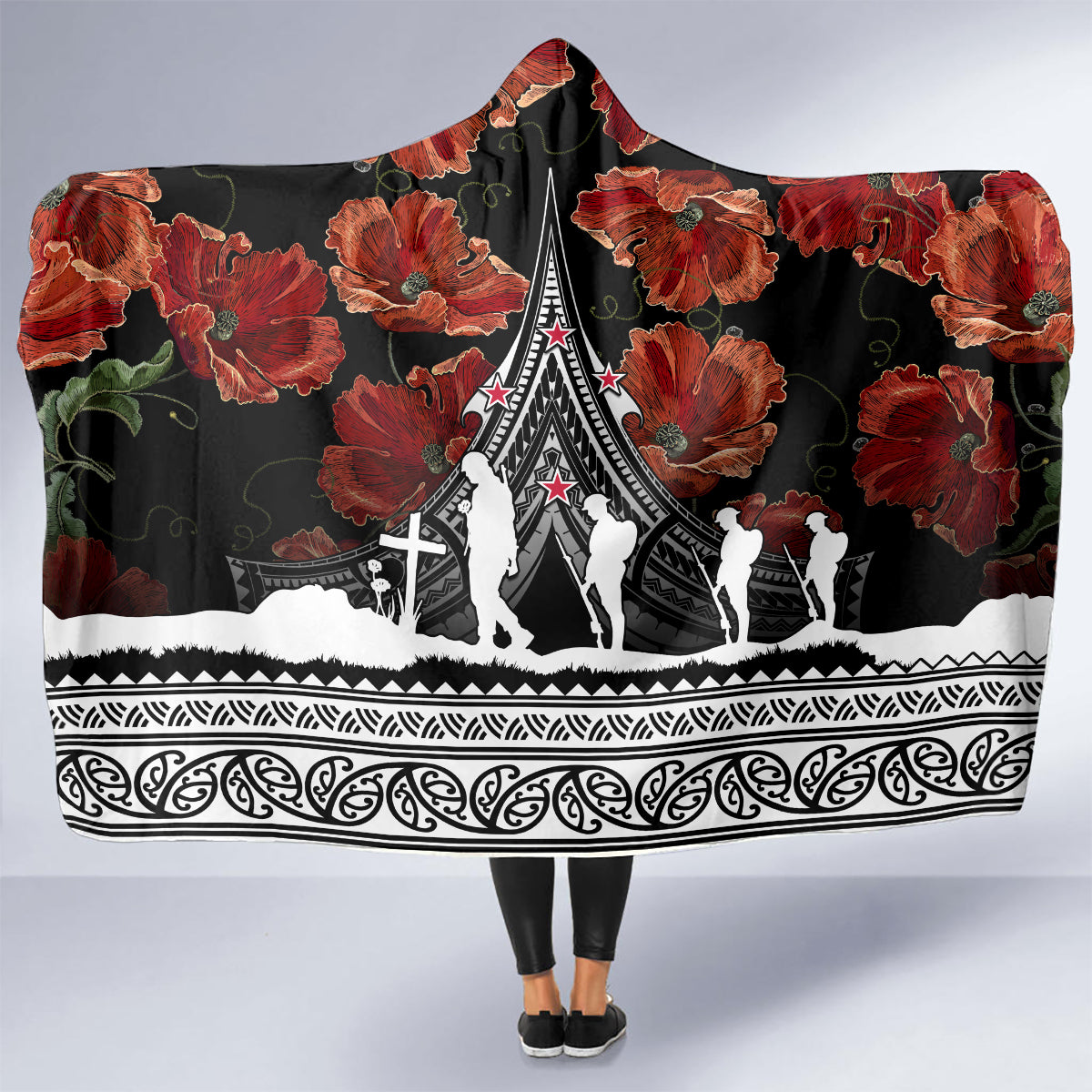 new-zealand-anzac-day-hooded-blanket-poppy-with-polynesian-pattern