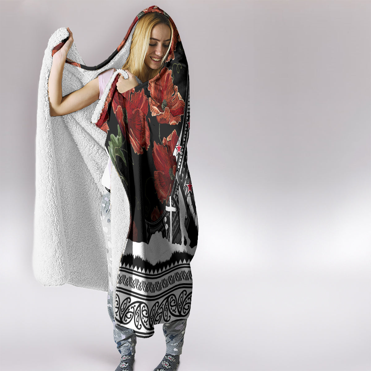 new-zealand-anzac-day-hooded-blanket-poppy-with-polynesian-pattern