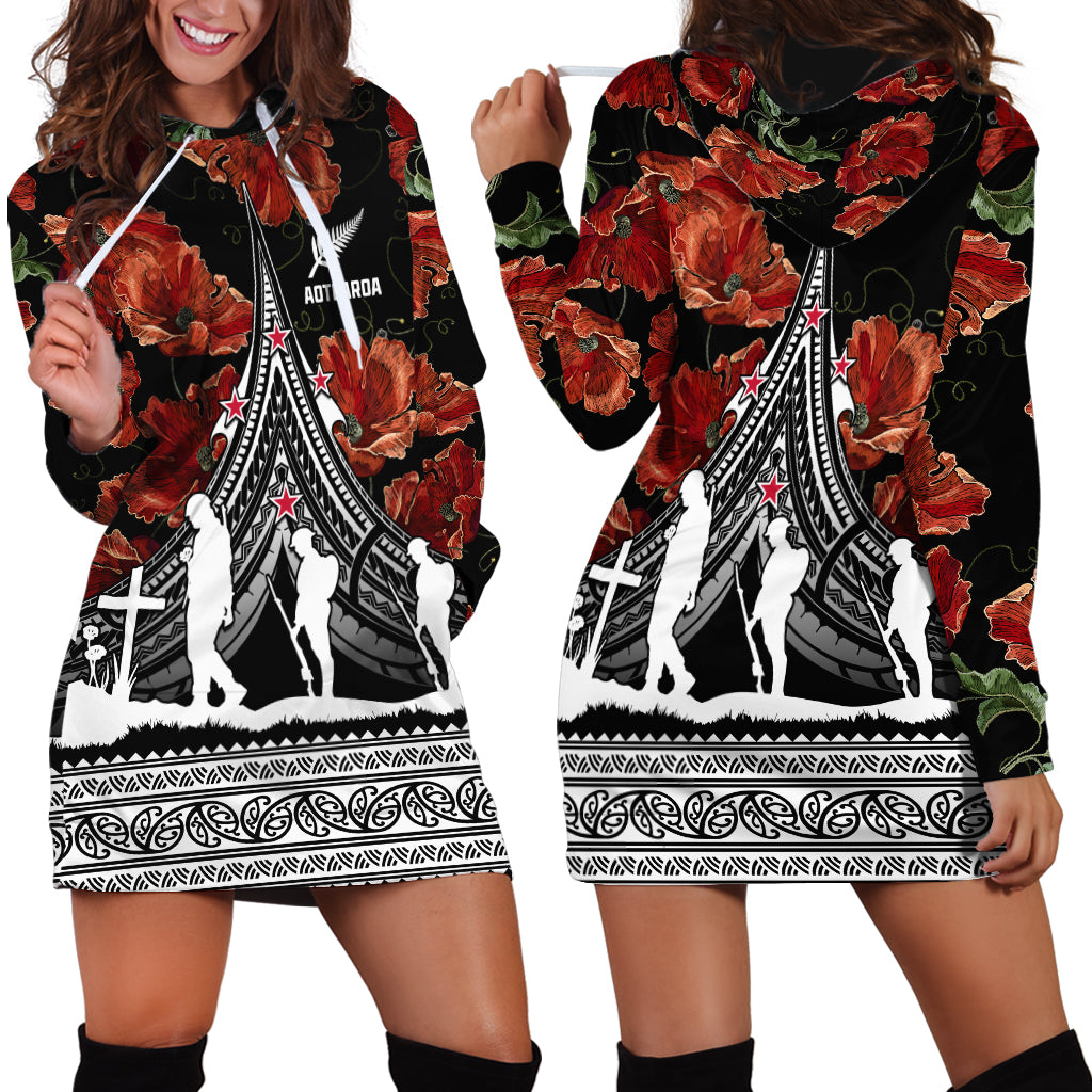 New Zealand ANZAC Day Hoodie Dress Poppy With Polynesian Pattern - Wonder Print Shop