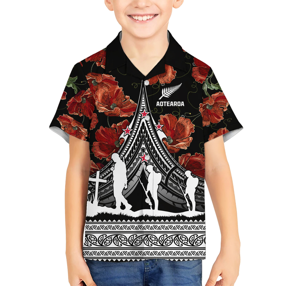 New Zealand ANZAC Day Kid Hawaiian Shirt Poppy With Polynesian Pattern - Wonder Print Shop