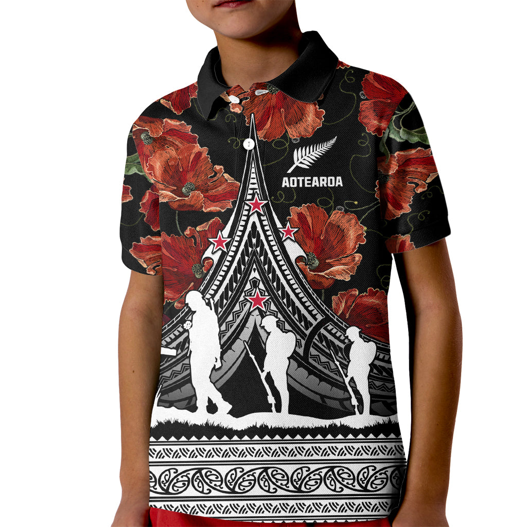 New Zealand ANZAC Day Kid Polo Shirt Poppy With Polynesian Pattern - Wonder Print Shop