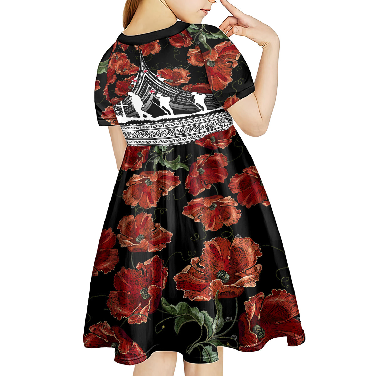 New Zealand ANZAC Day Kid Short Sleeve Dress Poppy With Polynesian Pattern - Wonder Print Shop