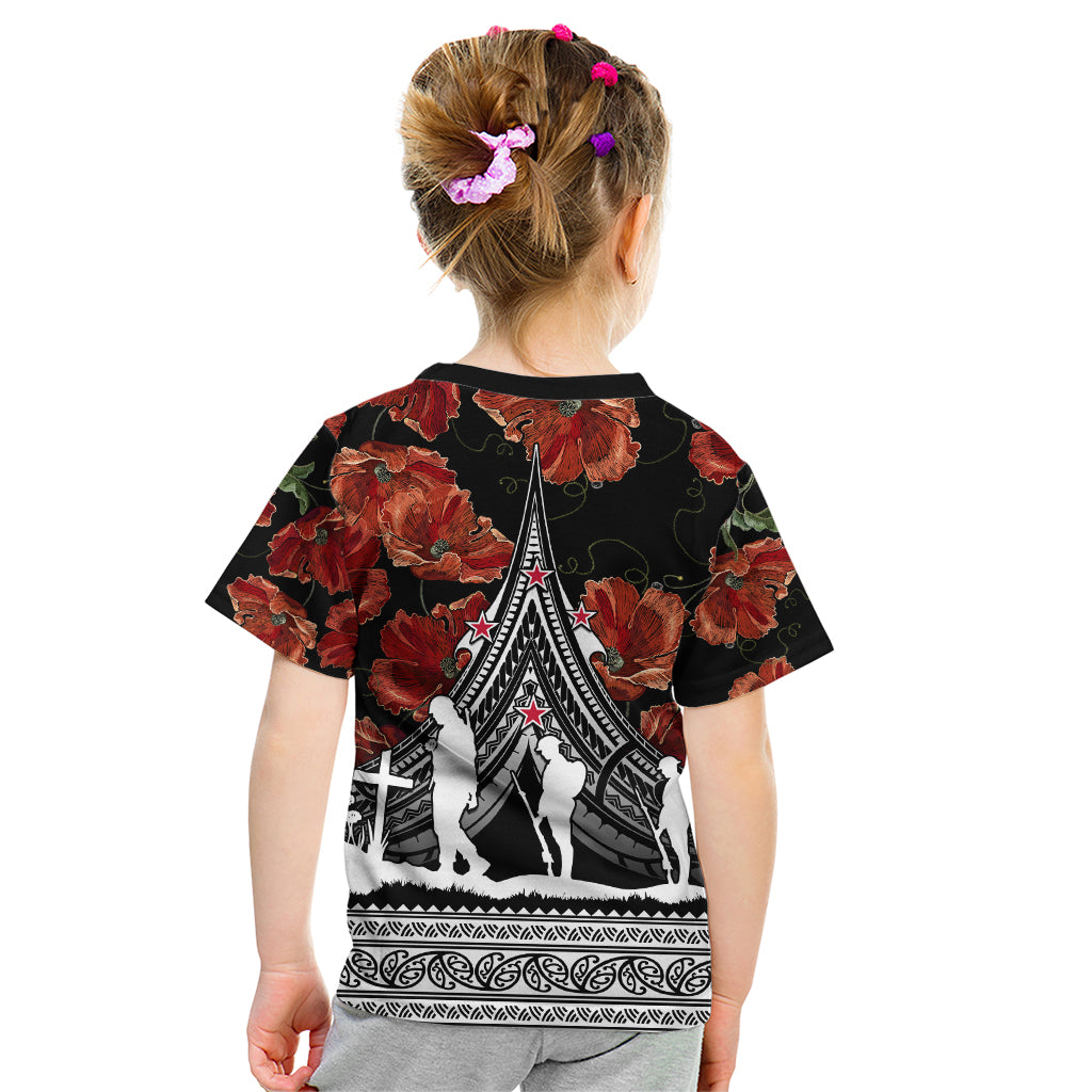 New Zealand ANZAC Day Kid T Shirt Poppy With Polynesian Pattern - Wonder Print Shop