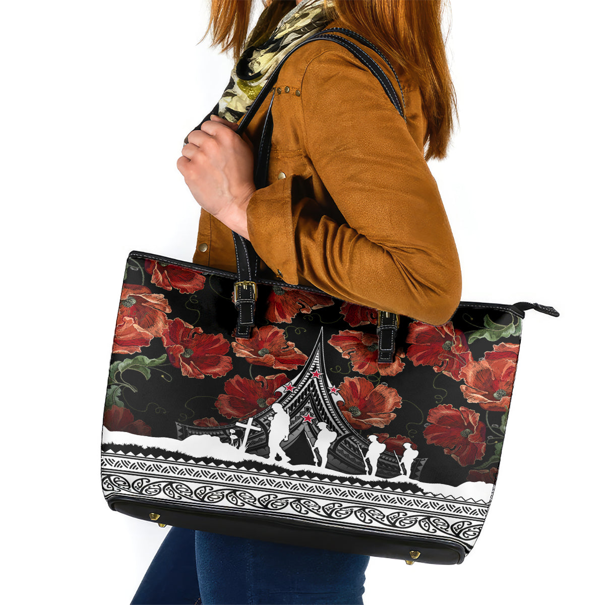 New Zealand ANZAC Day Leather Tote Bag Poppy With Polynesian Pattern - Wonder Print Shop