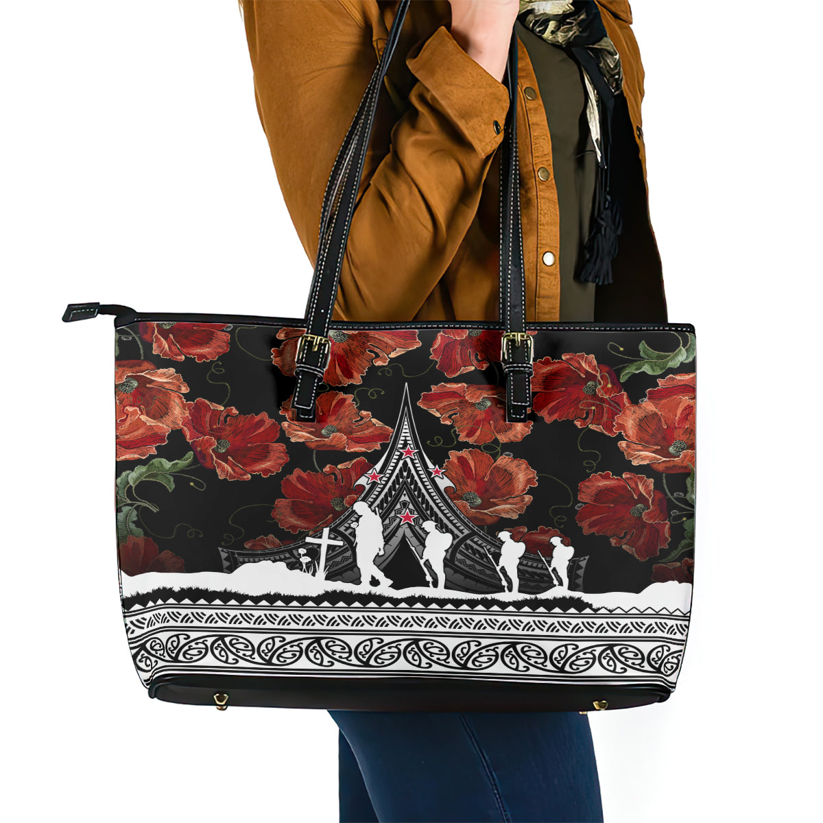 New Zealand ANZAC Day Leather Tote Bag Poppy With Polynesian Pattern - Wonder Print Shop