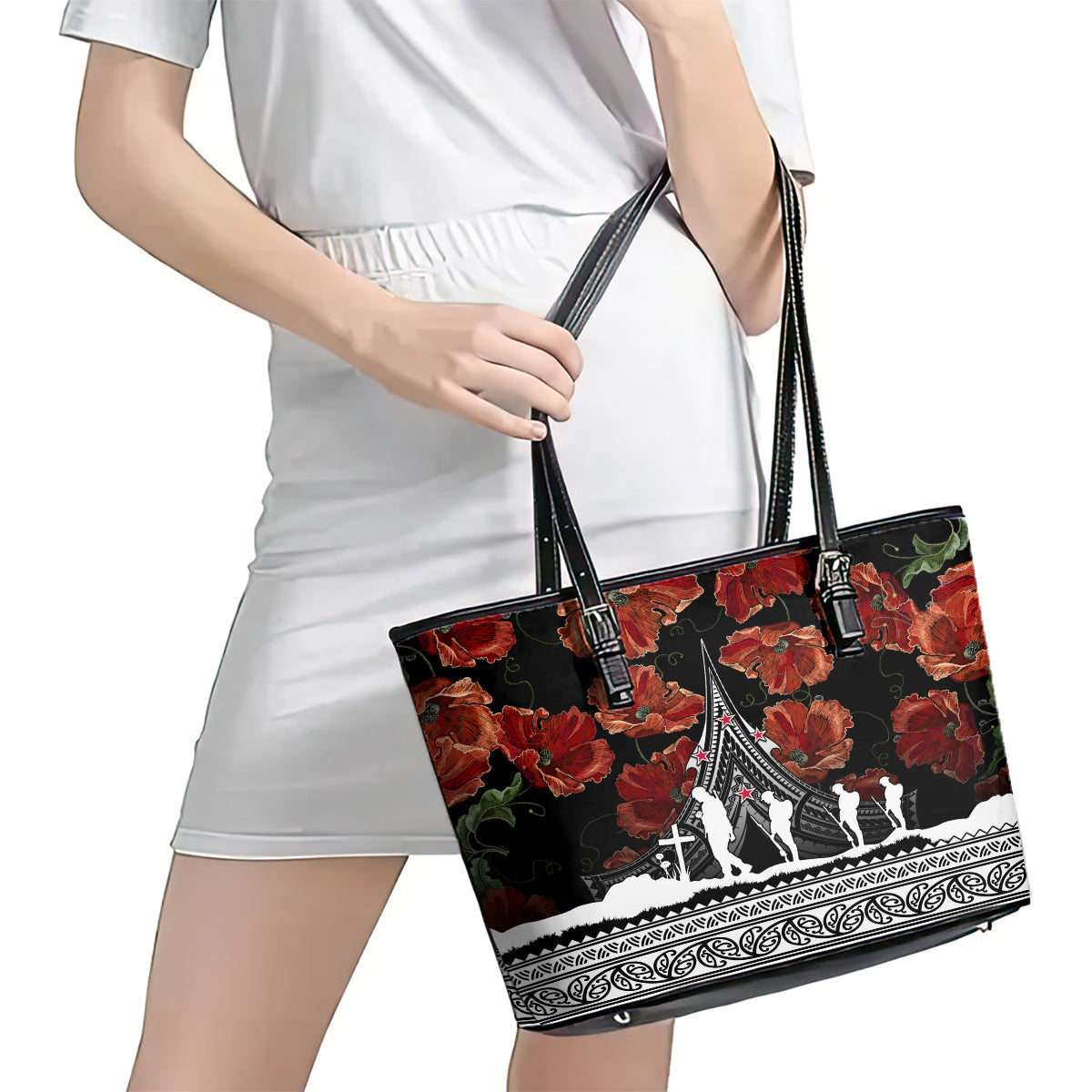 New Zealand ANZAC Day Leather Tote Bag Poppy With Polynesian Pattern - Wonder Print Shop