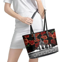 New Zealand ANZAC Day Leather Tote Bag Poppy With Polynesian Pattern - Wonder Print Shop