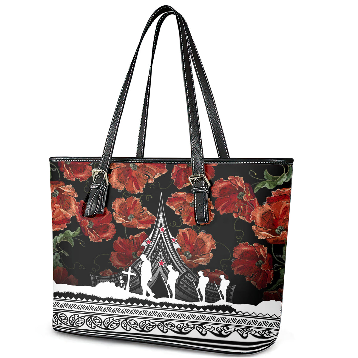 New Zealand ANZAC Day Leather Tote Bag Poppy With Polynesian Pattern - Wonder Print Shop