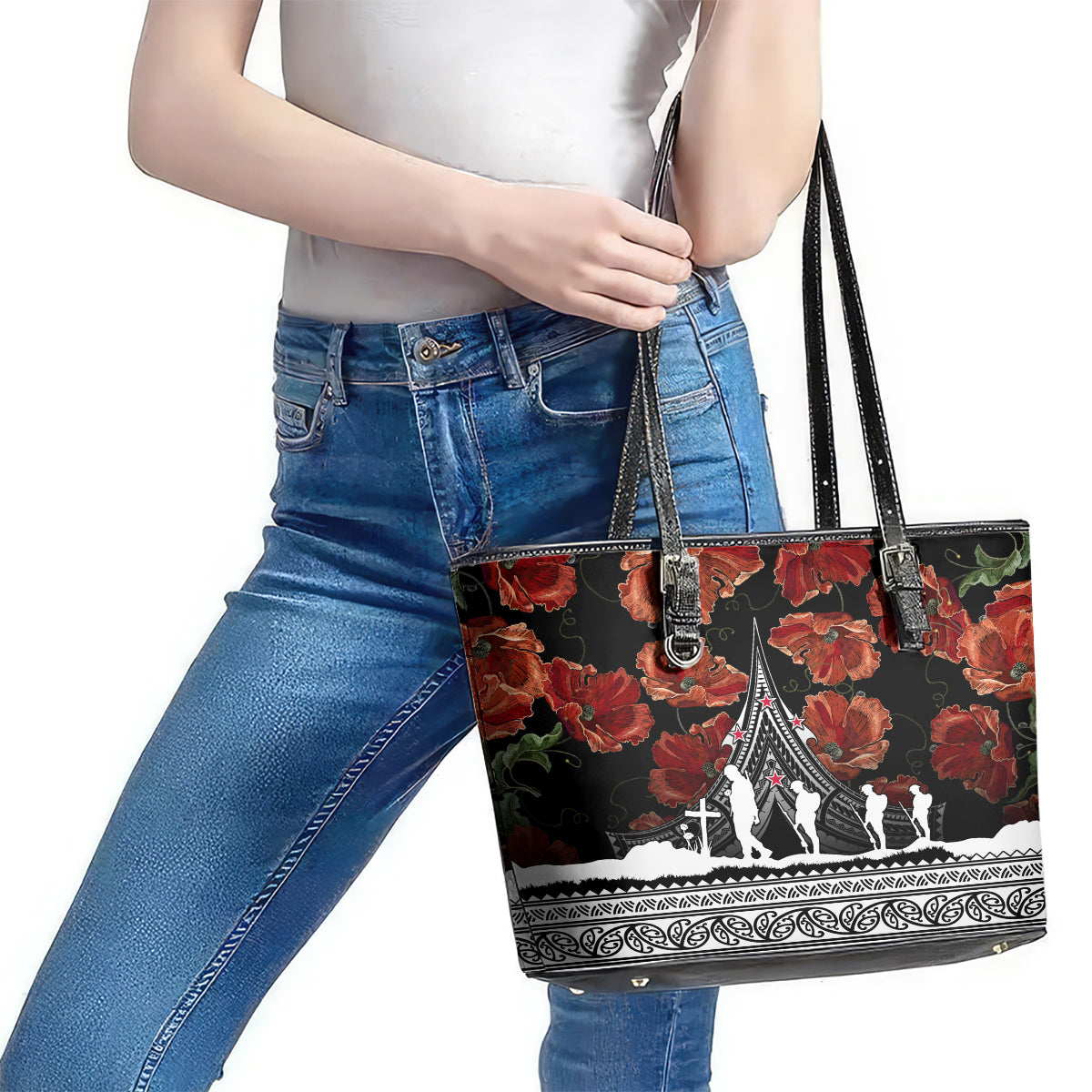 New Zealand ANZAC Day Leather Tote Bag Poppy With Polynesian Pattern - Wonder Print Shop