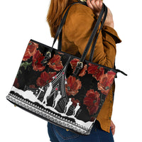 New Zealand ANZAC Day Leather Tote Bag Poppy With Polynesian Pattern - Wonder Print Shop