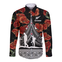New Zealand ANZAC Day Long Sleeve Button Shirt Poppy With Polynesian Pattern - Wonder Print Shop